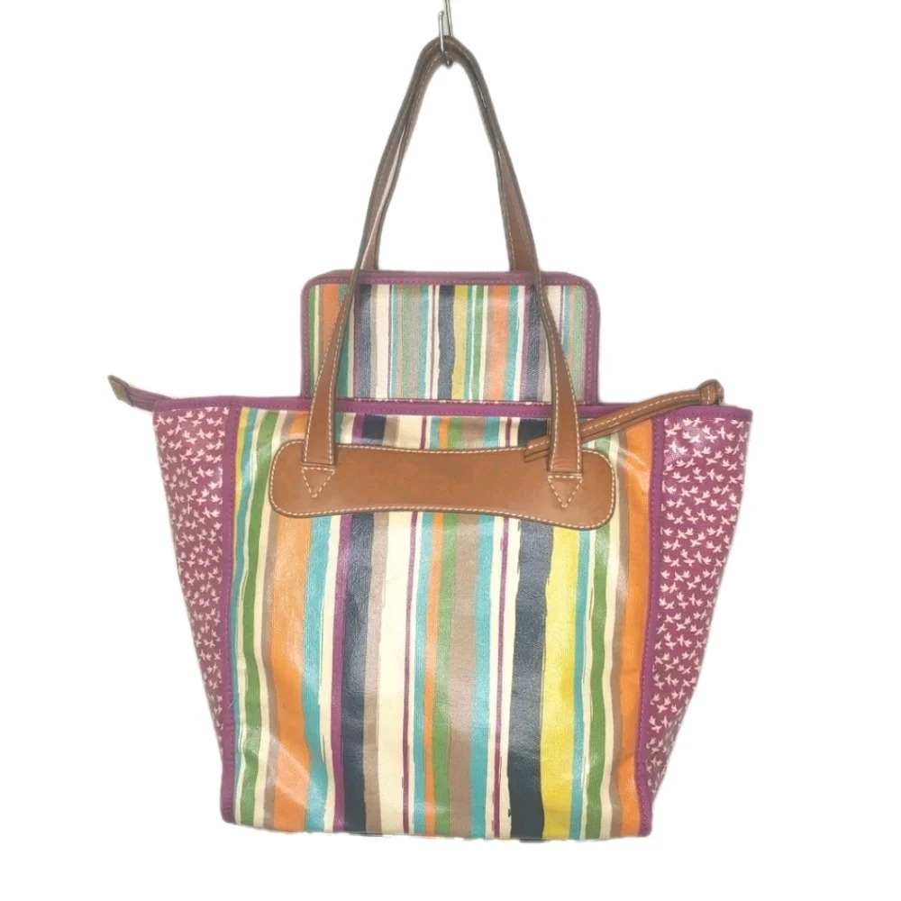 Fossil Key Per Canvas Tote Purse & Wallet Floral Striped Leather Top Handle Bag